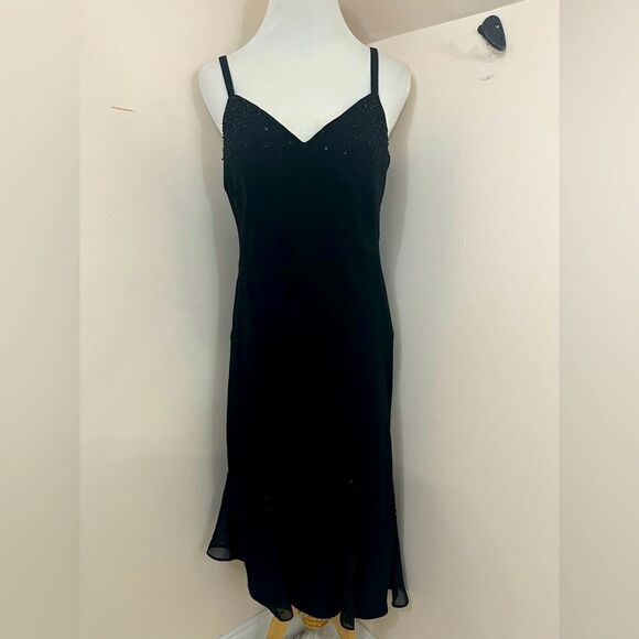 Evan Picone Vintage Y2K Black Slip Dress Beaded 10 - Picture 1 of 11